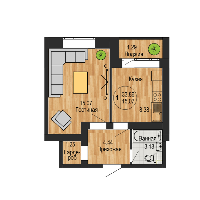 Планировка 1-комнатные квартиры, 33.86 m2 в ЖК Diamond Park, в г. Косшы