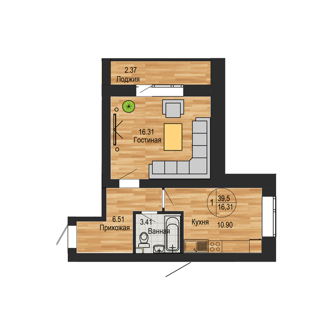 Планировка 1-комнатные квартиры, 39.1 m2 в ЖК Diamond Park, в г. Косшы