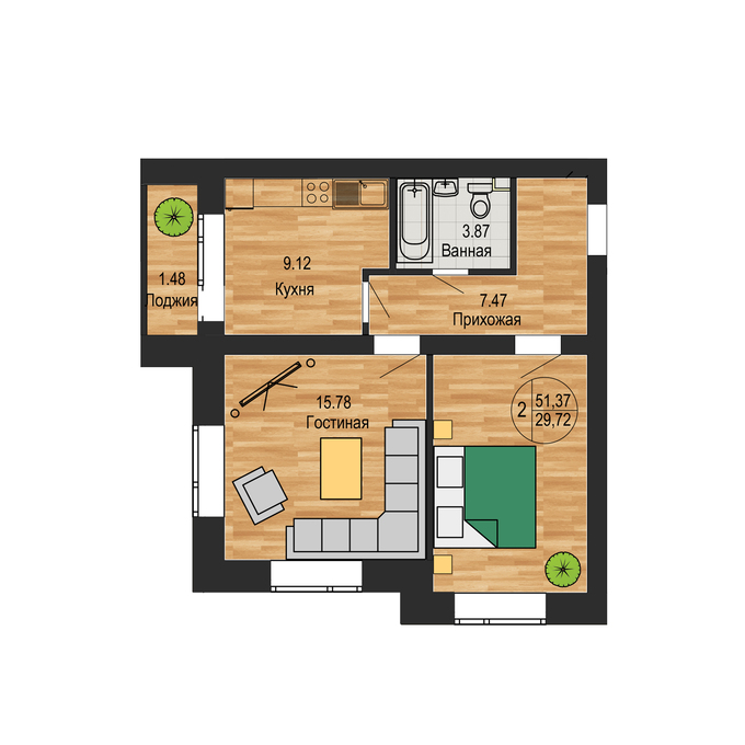 Планировка 2-комнатные квартиры, 51.37 m2 в ЖК Diamond Park, в г. Косшы