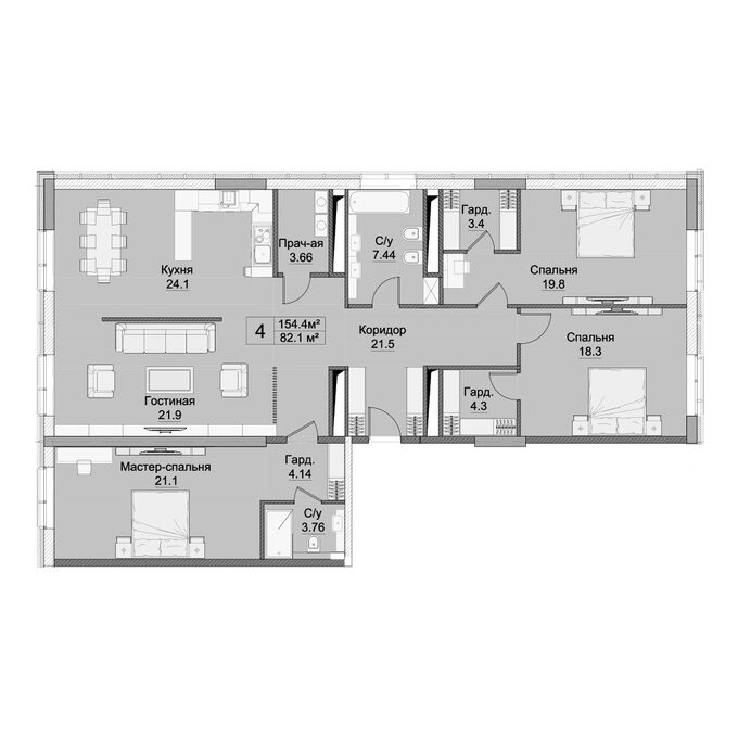Планировка 4-комнатные квартиры, 154.4 m2 в Апарт-отель YE`S Астана, в г. Нур-Султана (Астаны)