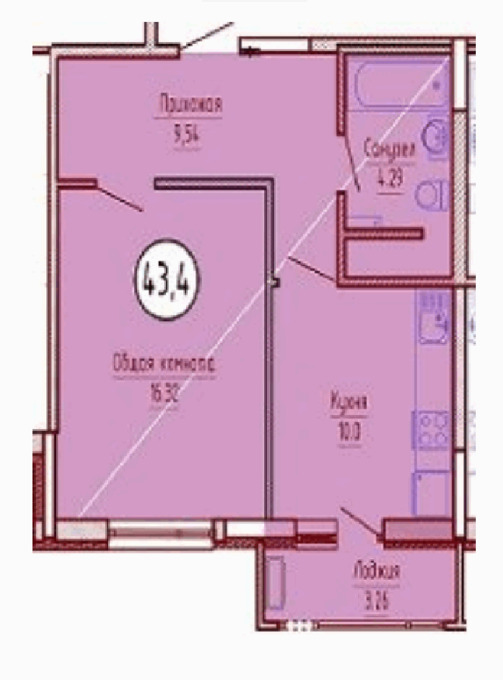 Планировка 1-комнатные квартиры, 43.4 m2 в ЖК Техникум 2, в г. Нур-Султана (Астаны)