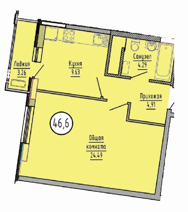 Планировка 1-комнатные квартиры, 46.6 m2 в ЖК Техникум 2, в г. Нур-Султана (Астаны)