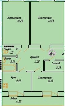 Планировка 3-комнатные квартиры, 88.54 m2 в ЖК на ул. Мурата Монкеулы, в г. Уральска