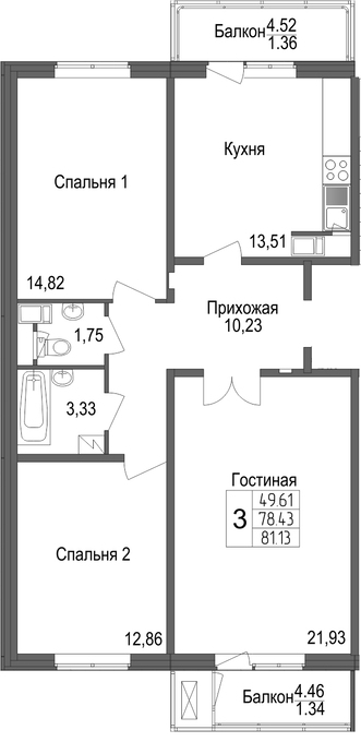 Планировка 3-комнатные квартиры, 81.13 m2 в ЖК Багыстан, в г. Нур-Султана (Астаны)