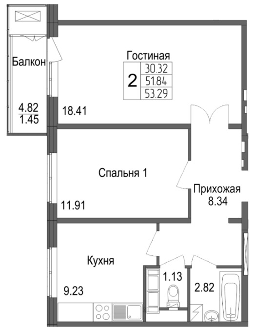 Планировка 2-комнатные квартиры, 53.29 m2 в ЖК Багыстан, в г. Нур-Султана (Астаны)