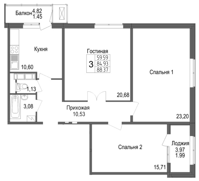 Планировка 3-комнатные квартиры, 88.37 m2 в ЖК Багыстан, в г. Нур-Султана (Астаны)