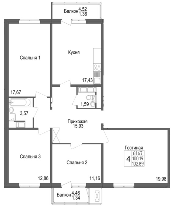 Планировка 4-комнатные квартиры, 102.89 m2 в ЖК Багыстан, в г. Нур-Султана (Астаны)