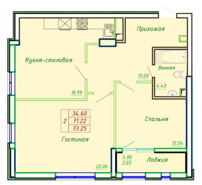 Планировка 2-комнатные квартиры, 73.25 m2 в ЖК София, в г. Нур-Султана (Астаны)
