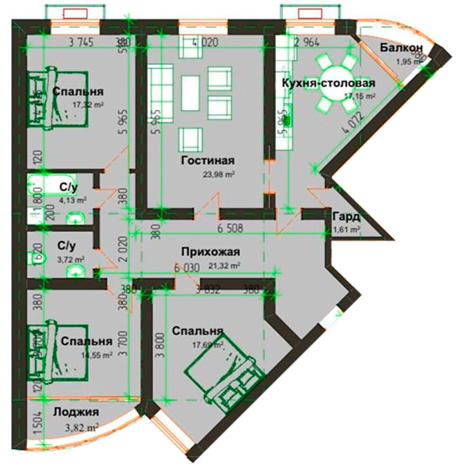 Планировка 3-комнатные квартиры, 123.42 m2 в ЖК Жибек Жолы, в г. Атырау