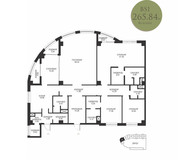Планировка 4-комнатные квартиры, 265.84 m2 в ЖК Highvill Gold Ishim, в г. Нур-Султана (Астаны)