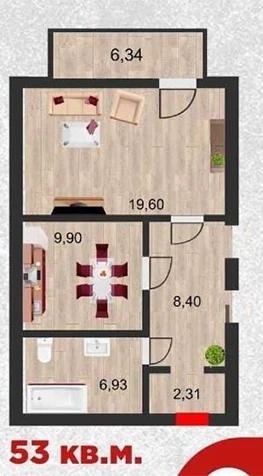 Планировка 1-комнатные квартиры, 53.84 m2 в ЖК Qazanat, в г. Атырау