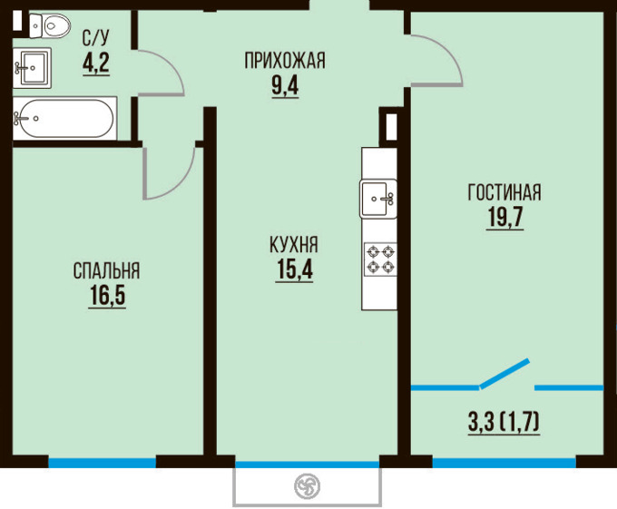 Планировка 2-комнатные квартиры, 66.9 m2 в ЖК Tamarix City, в г. Алматы