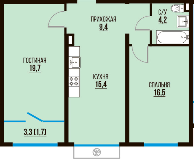 Планировка 2-комнатные квартиры, 66.9 m2 в ЖК Tamarix City, в г. Алматы