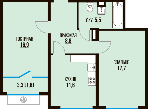Планировка 2-комнатные квартиры, 62.1 m2 в ЖК Tamarix City, в г. Алматы