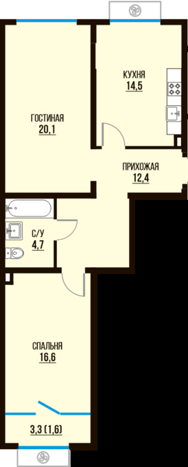 Планировка 2-комнатные квартиры, 69.9 m2 в ЖК Tamarix City, в г. Алматы