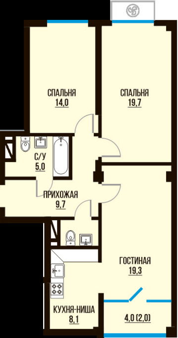Планировка 3-комнатные квартиры, 80.7 m2 в ЖК Tamarix City, в г. Алматы