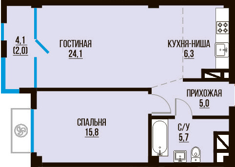 Планировка 2-комнатные квартиры, 59.3 m2 в ЖК Tamarix City, в г. Алматы