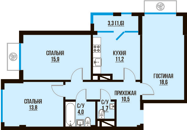 Планировка 3-комнатные квартиры, 77.3 m2 в ЖК Tamarix City, в г. Алматы