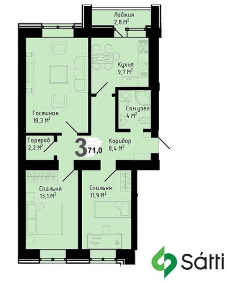 Планировка 3-комнатные квартиры, 71 m2 в ЖК Sapphire, в г. Караганды