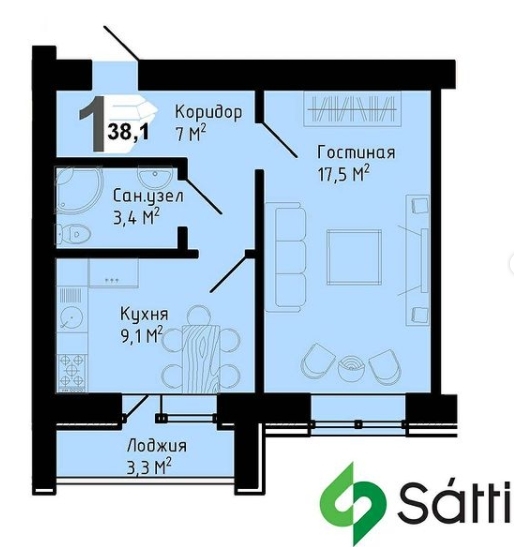 Планировка 1-комнатные квартиры, 38.1 m2 в ЖК Sapphire, в г. Караганды