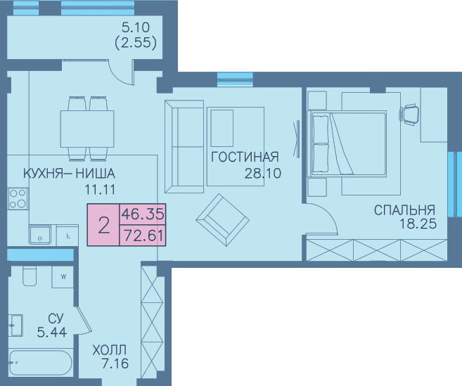 Планировка 2-комнатные квартиры, 72.61 m2 в ЖК Gold Land, в г. Нур-Султана (Астаны)