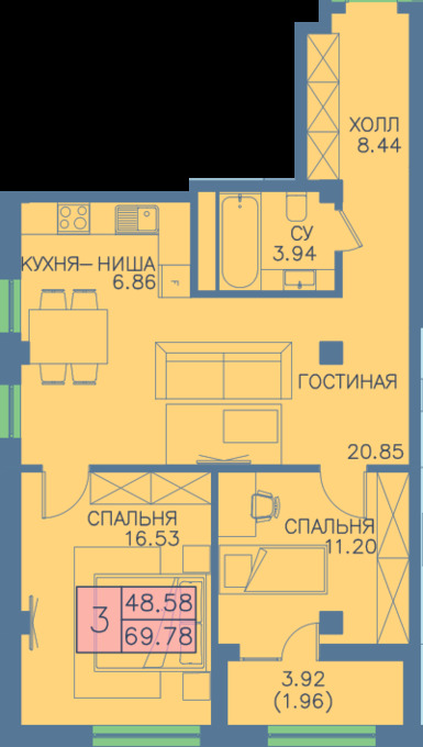 Планировка 3-комнатные квартиры, 69.78 m2 в ЖК Gold Land, в г. Нур-Султана (Астаны)