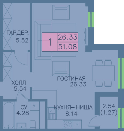 Планировка 1-комнатные квартиры, 51.08 m2 в ЖК Gold Land, в г. Нур-Султана (Астаны)