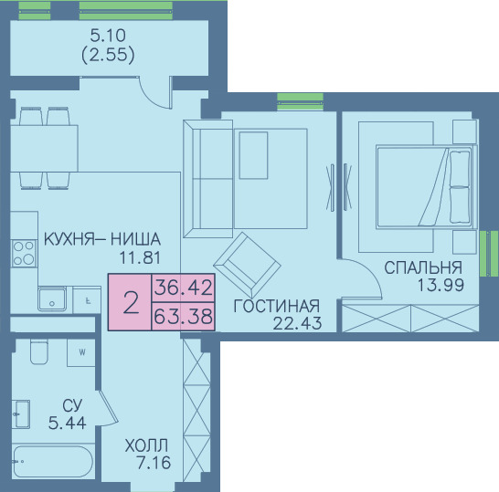 Планировка 2-комнатные квартиры, 63.38 m2 в ЖК Gold Land, в г. Нур-Султана (Астаны)