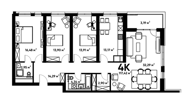Планировка 4-комнатные квартиры, 117.42 m2 в ЖК TERRA, в г. Алматы