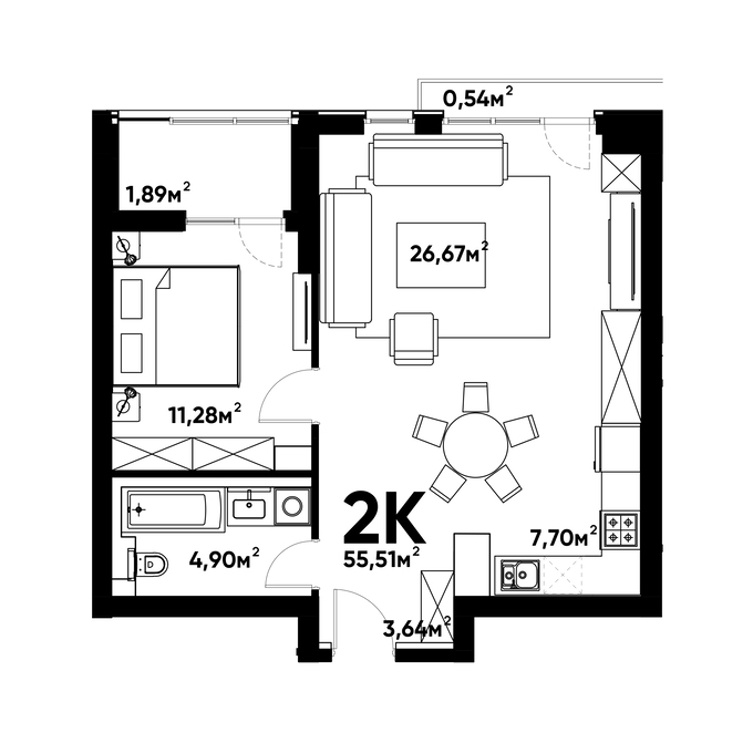 Планировка 2-комнатные квартиры, 55.02 m2 в ЖК TERRA, в г. Алматы