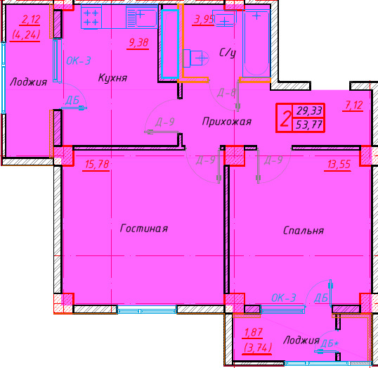Планировка 2-комнатные квартиры, 53.77 m2 в ЖК Оазис, в г. Нур-Султана (Астаны)