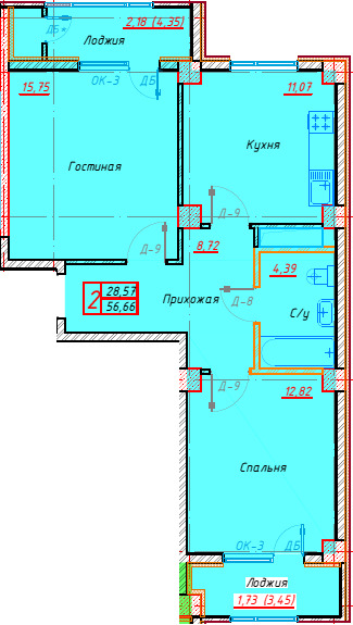 Планировка 2-комнатные квартиры, 56.66 m2 в ЖК Оазис, в г. Нур-Султана (Астаны)