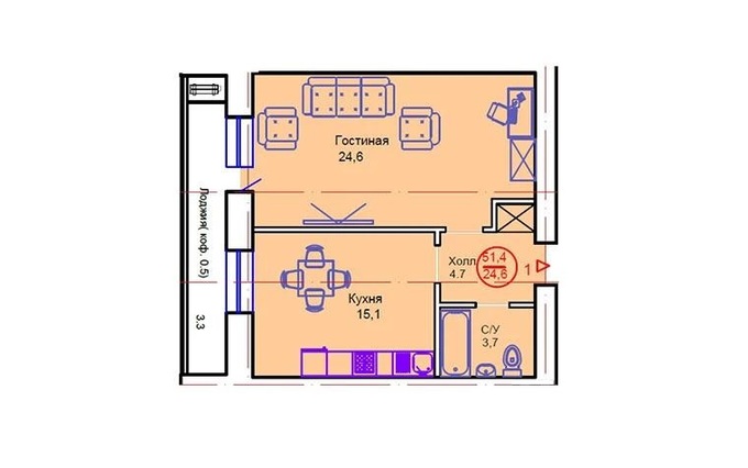 Планировка 1-комнатные квартиры, 51.4 m2 в ЖК Sapsan, в г. Нур-Султана (Астаны)