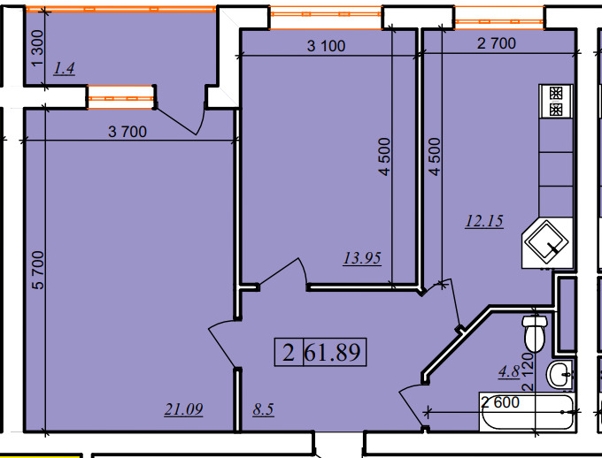 Планировка 2-комнатные квартиры, 61.89 m2 в ЖК Murager, в г. Актау