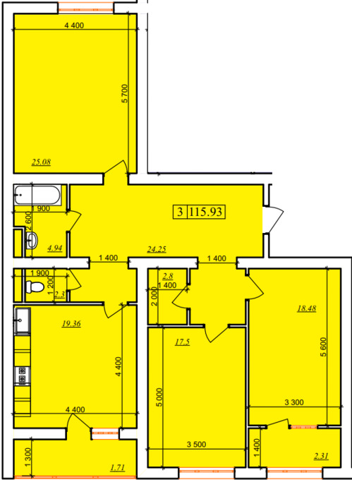 Планировка 3-комнатные квартиры, 115.93 m2 в ЖК Murager, в г. Актау