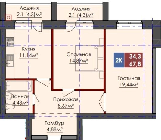 Планировка 2-комнатные квартиры, 67.8 m2 в ЖК Шанырак, в г. Актобе