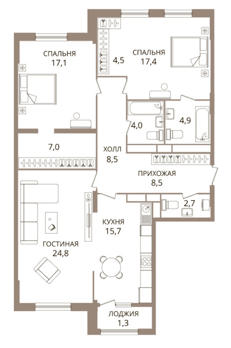 Планировка 3-комнатные квартиры, 116.4 m2 в ЖК Holland, в г. Нур-Султана (Астаны)