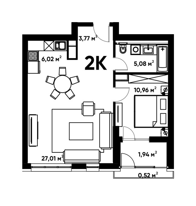 Планировка 2-комнатные квартиры, 55.08 m2 в ЖК TERRA, в г. Алматы
