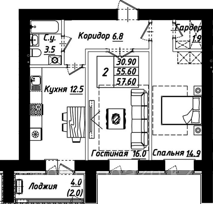 Планировка 2-комнатные квартиры, 57.6 m2 в ЖК Рио-де-Жанейро, в г. Нур-Султана (Астаны)