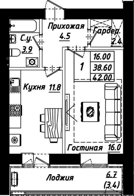 Планировка 1-комнатные квартиры, 42 m2 в ЖК Рио-де-Жанейро, в г. Нур-Султана (Астаны)