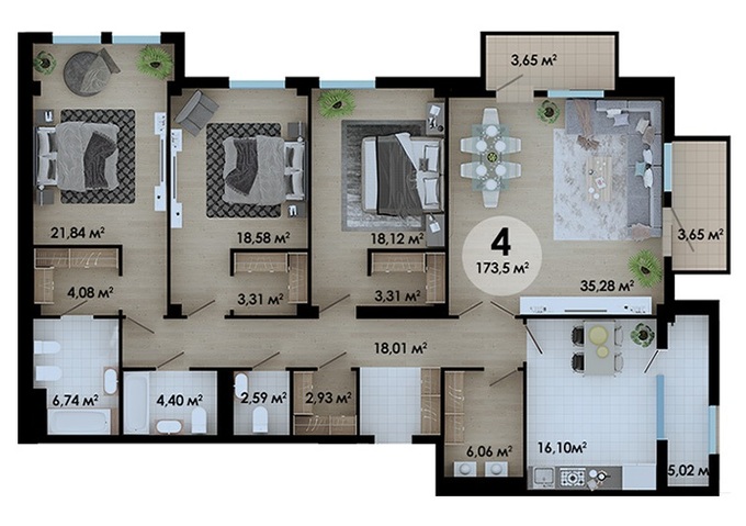 Планировка 4-комнатные квартиры, 173.5 m2 в Клубный дом ECO Park, в г. Алматы