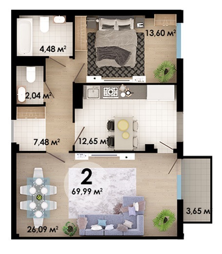 Планировка 2-комнатные квартиры, 69.99 m2 в Клубный дом ECO Park, в г. Алматы