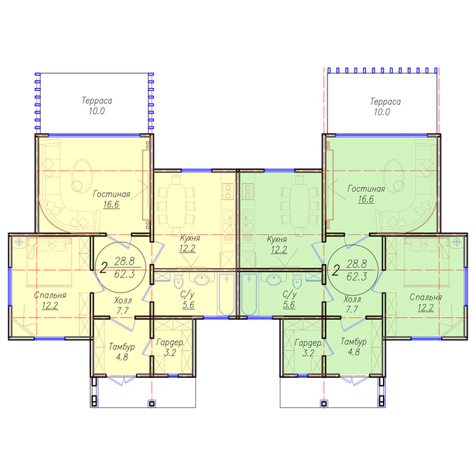 Планировка 2-комнатные квартиры, 62 m2 в КГ Nurzher, в г. Нур-Султана (Астаны)