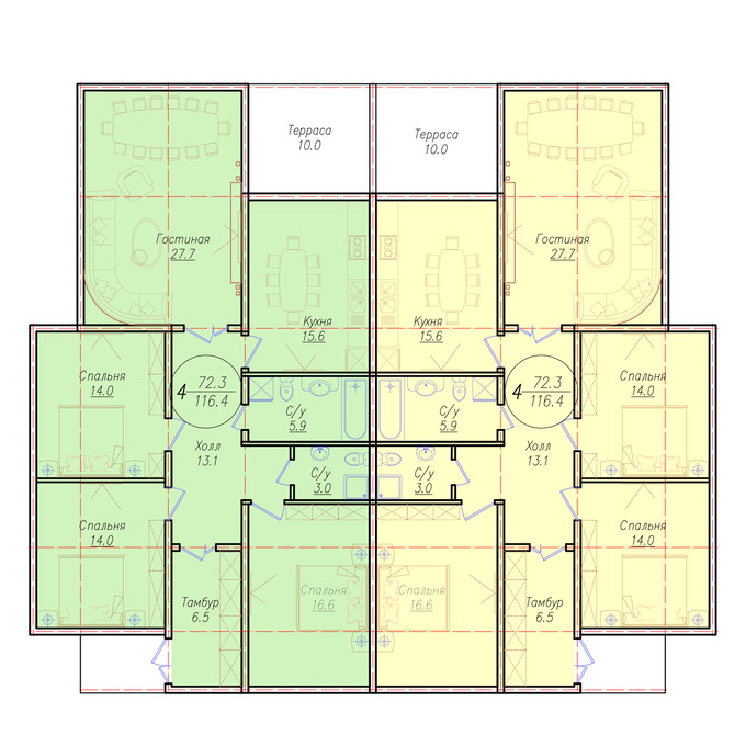 Планировка 4-комнатные квартиры, 116 m2 в КГ Nurzher, в г. Нур-Султана (Астаны)