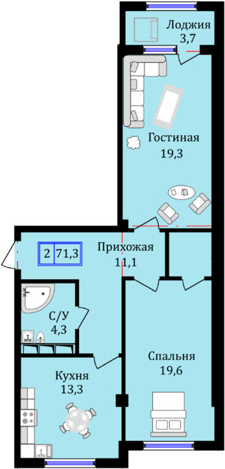Планировка 2-комнатные квартиры, 71.3 m2 в ЖК Туран, в г. Актау
