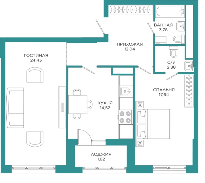 Планировка 2-комнатные квартиры, 77.11 m2 в ЖК LandMark, в г. Нур-Султана (Астаны)