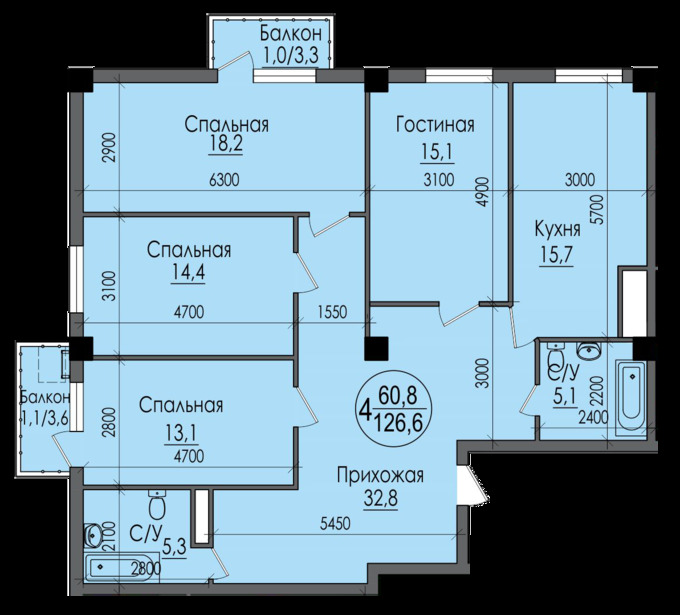 Планировка 4-комнатные квартиры, 126.6 m2 в ЖК Tulpar Tower, в г. Актау