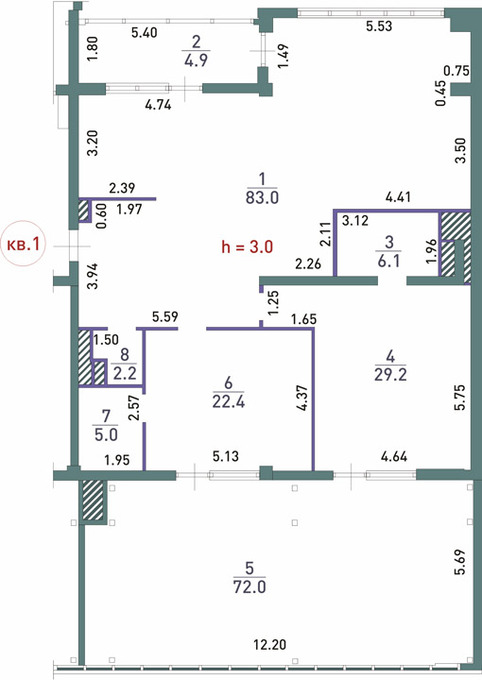 Планировка 3-комнатные квартиры, 224.8 m2 в ЖК Наурыз, в г. Алматы