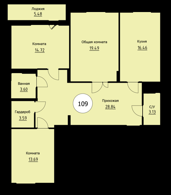 Планировка 3-комнатные квартиры, 109 m2 в ЖК Целиноград 4, в г. Нур-Султана (Астаны)