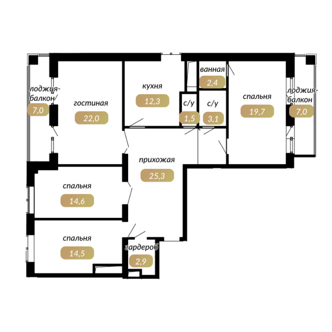 Планировка 4-комнатные квартиры, 123.9 m2 в ЖК Ulytay, в г. Караганды